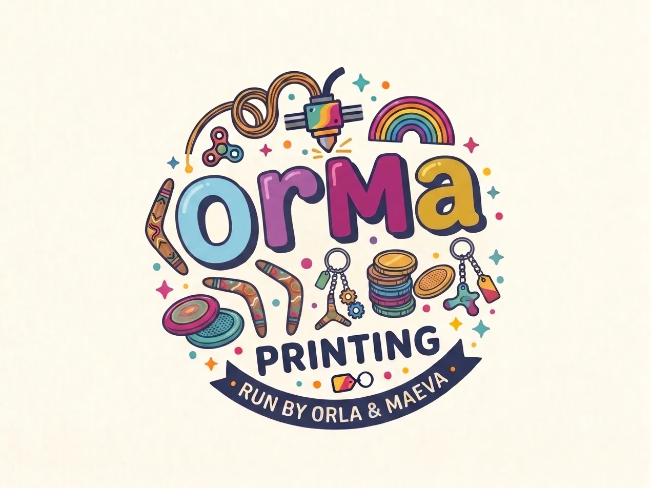 OrMa Printing logo surrounded by keyrings, boomerangs, frisbees and a rainbow